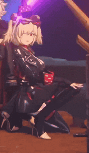 a cartoon character is kneeling down with a cup in her hand