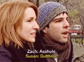 a man and a woman are standing next to each other and the woman says zach asshole susan butthole