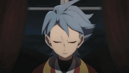a close up of a cartoon character with blue hair and a red jacket