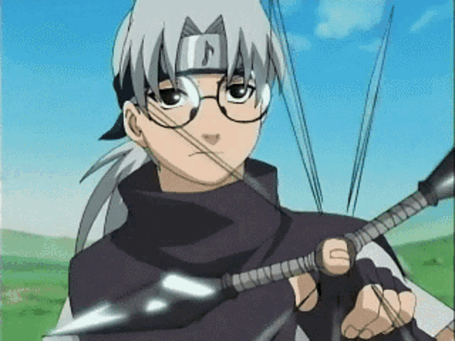 a boy with glasses is holding a sword with the letter d on his headband