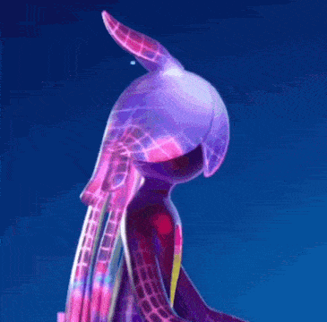 a purple and pink cartoon character with a blue background and a square with the letter v on it