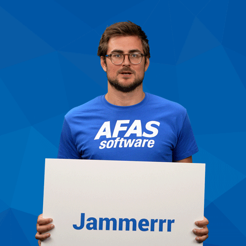 a man in a blue afas shirt holds up a sign