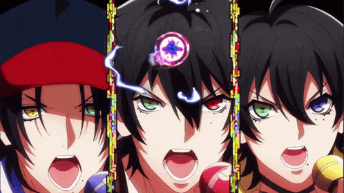 three anime characters with their mouths open and one with a circle on his head