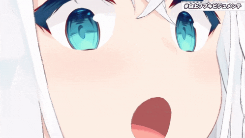 a close up of a girl 's face with blue eyes and balloons in the background