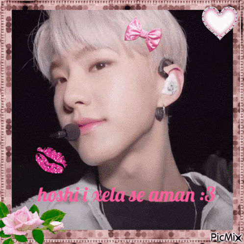 a picture of a young man with a pink bow on his head and the words hoshi rela se aman