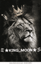 a black and white painting of a lion wearing a gold crown