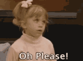 a little girl in a pink turtleneck sweater is saying oh please .