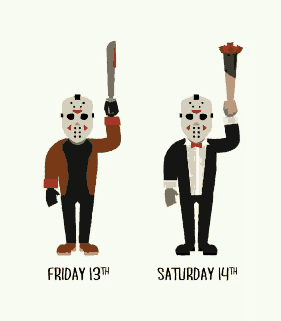 a cartoon of jason voorhees holding a knife and a flower on friday the 13th and saturday the 14th