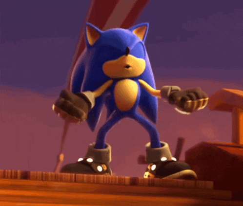 sonic the hedgehog is standing on a wooden plank