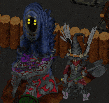 a cartoon of a witch standing next to a statue of a monster with yellow eyes