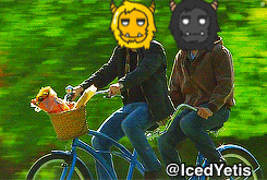 two people riding a bike with a basket and a cartoon face on their heads