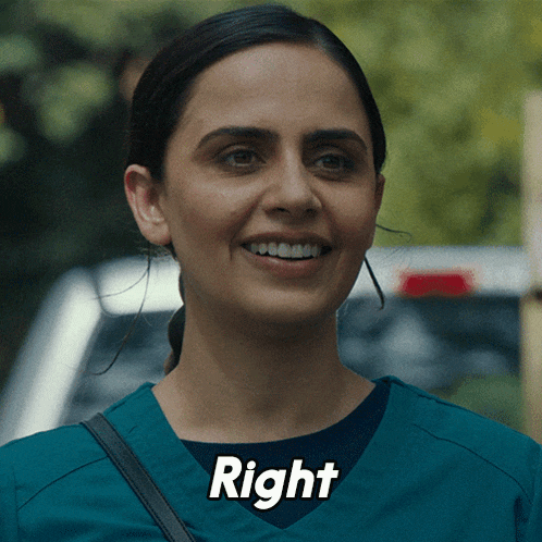 a woman in a scrub top smiles with the word right above her head