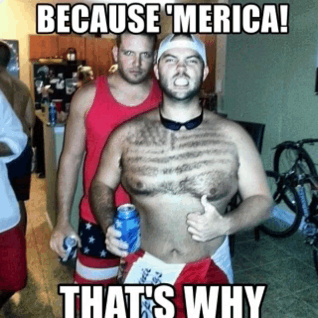 a shirtless man with a tattoo on his chest stands next to another shirtless man holding a can of beer