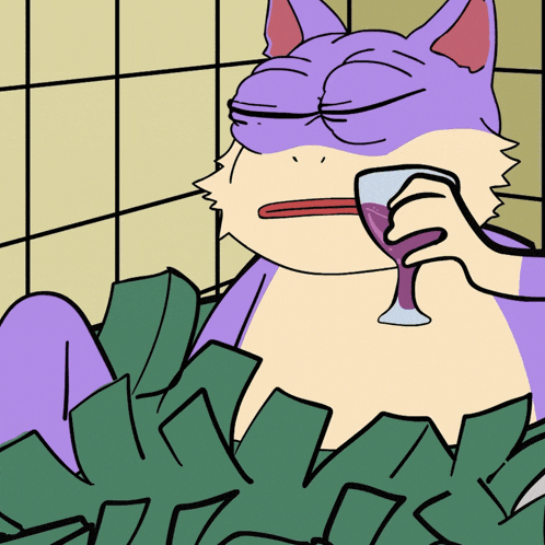 a cartoon of a cat holding a wine glass
