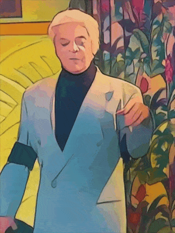 a cartoon drawing of a man in a suit and black turtleneck
