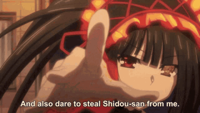 a girl in a red and black hat says and also dare to steal shidou-san from me