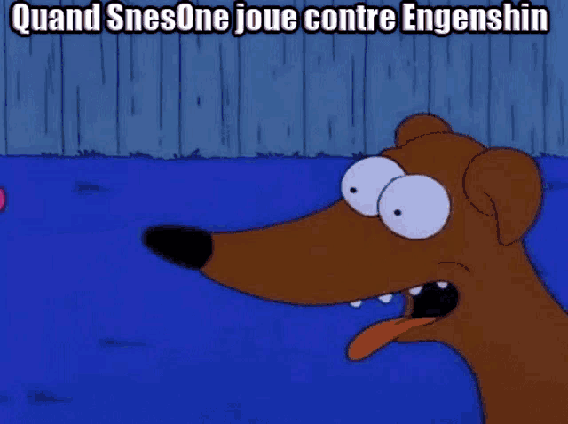 a cartoon dog is looking at a pink frisbee with the words quand snesone joue contre engenshin written above it