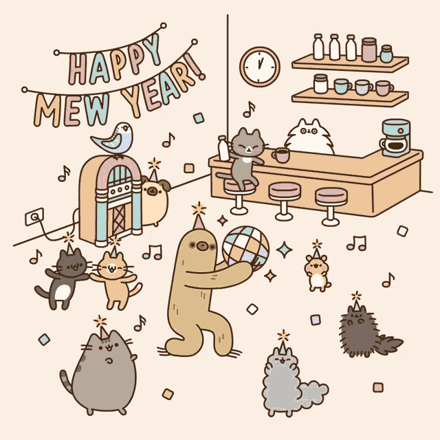 a cartoon drawing of cats and a sign that says happy new year