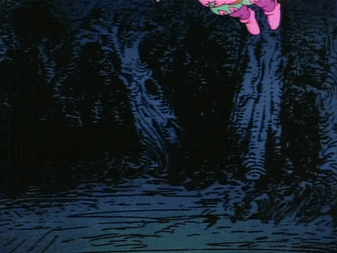 a cartoon character is flying through the air in a forest
