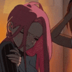 a cartoon girl with pink hair is crying while another girl holds her head .