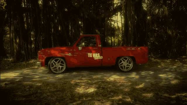 a red truck with texas written on the side