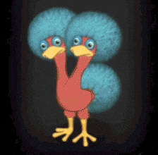 a cartoon chicken with two heads and blue afros