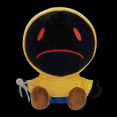 the back of a stuffed animal with a yellow hoodie on a black background .