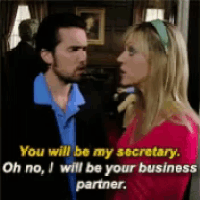 a man and a woman are talking to each other and the woman is saying you will be my secretary