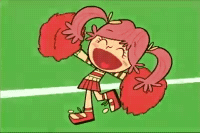 a cartoon girl with pink hair and red pom poms is doing a split .