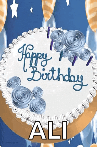 a birthday cake with blue frosting and candles says happy birthday ali