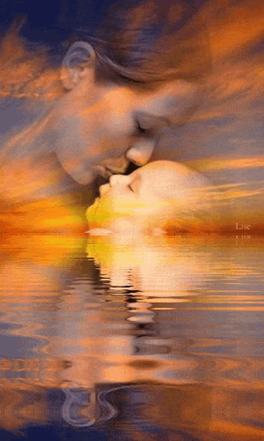 a painting of a man and a woman kissing over a body of water