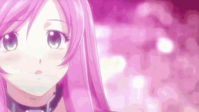 a close up of a pink haired anime girl with a choker .