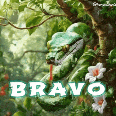 a snake with its tongue out is surrounded by flowers and the word bravo