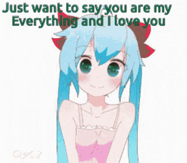 a girl with blue hair is making a heart shape with her hands