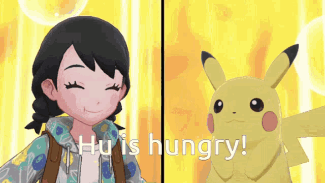 a girl and a pikachu with the words " hu is hungry " on the bottom