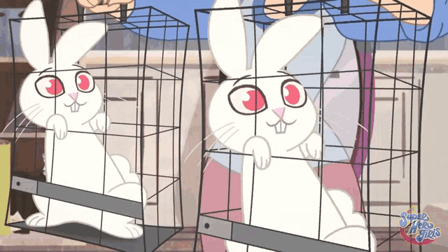 a cartoon of a rabbit in a cage with the words super hero girls on the bottom