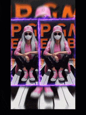 a woman wearing a mask sits on a piano keyboard in front of a sign that says popeye