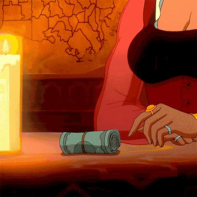 a cartoon woman is sitting at a table with a roll of money on it