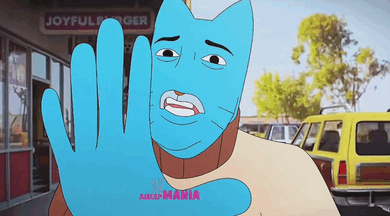 a cartoon of a blue cat making a stop sign in front of a joyful burger