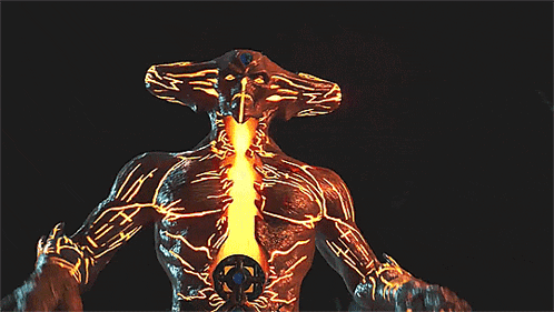 a demon with flames coming out of its chest