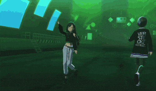a girl in a black crop top is dancing in a green room