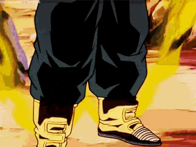 a close up of a person 's pants and boots in a cartoon .