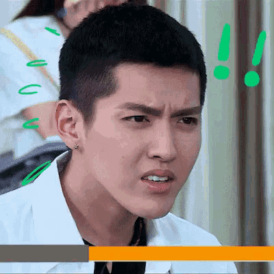 a close up of a man 's face with a surprised look on his face