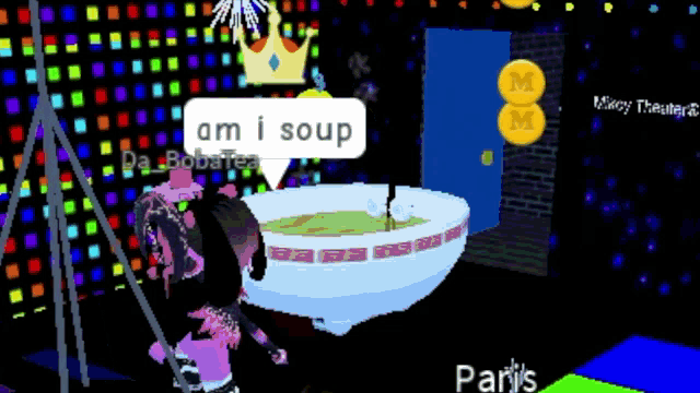 a cartoon of a person standing next to a bowl of soup with a speech bubble that says am i soup