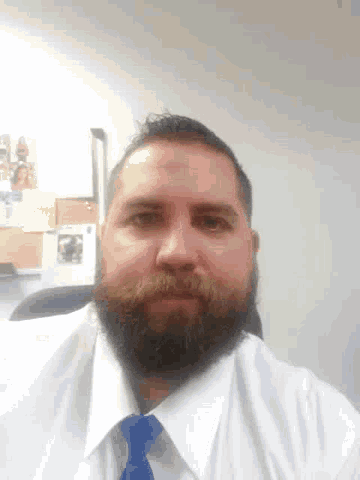 a man with a beard is wearing a white shirt and a blue tie