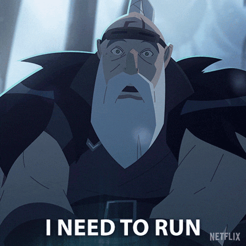 a cartoon of a man with a beard and the words i need to run