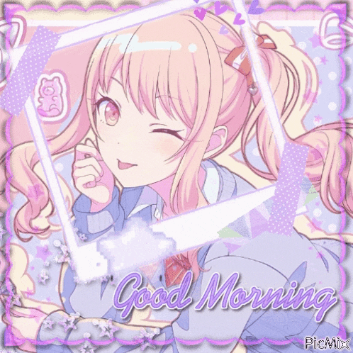 a picture of a girl with pigtails and the words good morning on the bottom