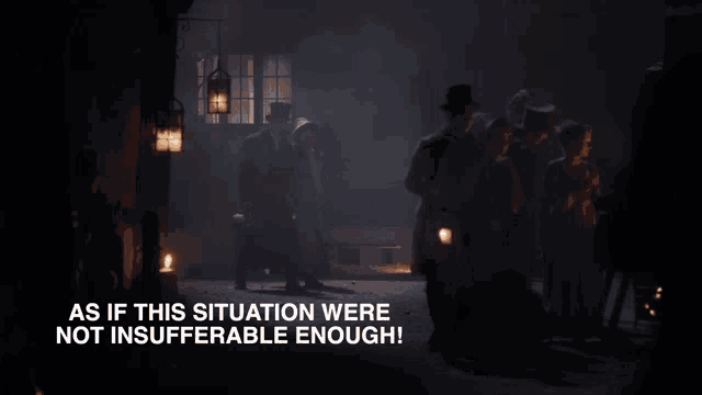 a group of men standing in a dark room with the words as if this situation were not suffering enough