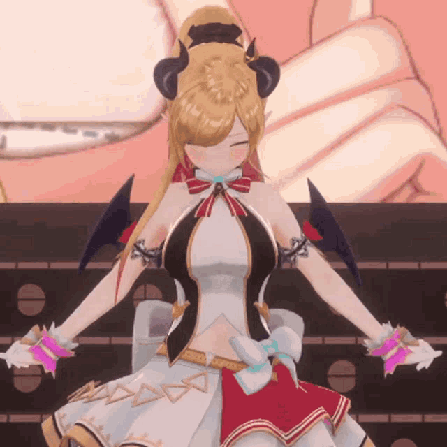 a cartoon girl with horns and a bow on her dress