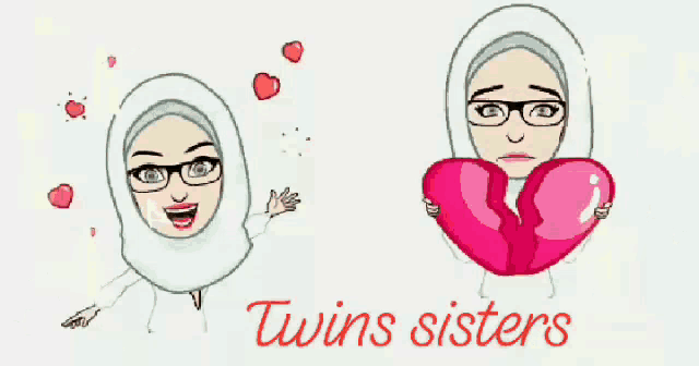 a cartoon of a woman holding a broken heart with the words twins sisters below it